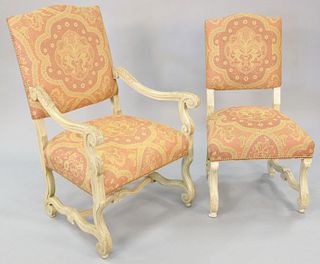Set of eight continental style upholstered dining chairs, two arm and six side, 44 1/2" h.