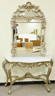 Two piece Louis XV style silver gilt console table with marble top and mirror with dragons, mirror 57" x 37" x 34 1/2" h. x 51" w. x 19" d.