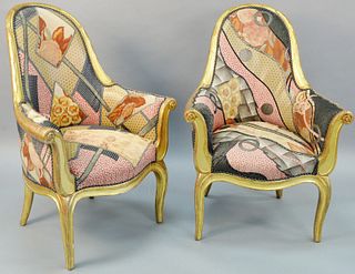 Pair of Sue et Mare giltwood upholstered armchairs, fabric by Benedictus, along with a copy of receipt from Macklowe Gallery for $15,000, 2/22/88, ht.