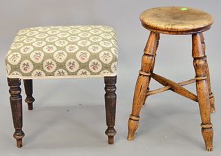 Two stools, including: one with tapered turned legs and embroidered cushion, 15"; and one with turned legs, "X" stretcher, and round seat, 18", Proven