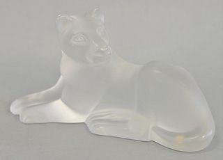 Lalique glass recumbent lion, 5 1/2", signed.  [Property from the Collection of Ginny and Henry Mancini].