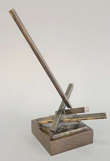 John Raymond Henry (American, b. 1943), bronze geometric sculpture, 2003, on square wood base, signed and dated to base "John Henry, 2003", 13".  [Pro