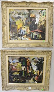 Two Oliver Foss (American/French, 1920 - 2002), two oils on canvas, both depict abstracted street scenes, signed upper left "O. Foss", heavy craquelur