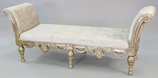 Pair of carved and embossed silver gilt benche, highly carved in Renaissance style with scrolls and swags, with silver faux snake upholstery, ht. 33 1