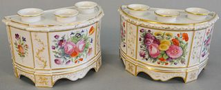 Pair of French Old Paris porcelain triple flower holder, removable lid, semi-circle shape, floral motif with gold accents, one marked to base, light w