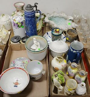 Four tray lots, to include: three Royal Worcester pieces; Wedgewood pitcher; two Boehm pieces; Moorcroft jar, as is; Lesal Home vase; Elizabeth Rudgin