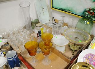 Six tray lots to include: Kosta Boda vase; French decanter set; stem glasses; vases; art glass, etc.