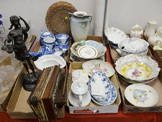 Six tray lots to include: blue and white Staffordshire; porcelain; Shelley; Bavaria bowls; Meissen bowl Indian basket and a bronze figure.