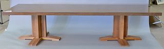 Contemporary banquet table on double pedestal stand, 28" h. x 120" w. x 38 1/4" d.