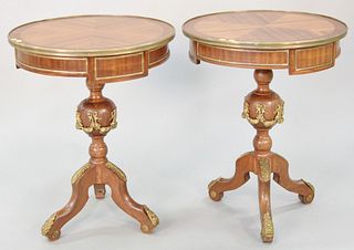 Pair of round, pedestal stands, ormolu mounted swags and foliate designs, bulbous form shaft, terminating to three cabriole legs, ht. 29", dia. 23 1/2