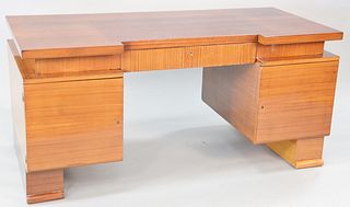 French art moderne desk, possibly Andre Sornay, c. 1940's, walnut, ht. 29 3/4", top 29 1/2" x 63".