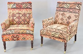 George Smith pair arm chairs, upholstered in flat weave carpet, some fading, imperfections at top, 34" h. x 25" w.