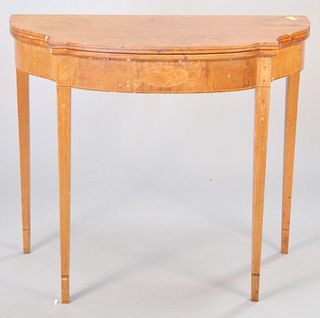 Federal style mahogany folding game table, bellflower inlay on square tapered legs, 30" h. x 35" w. x 17 1/2" d. (closed).