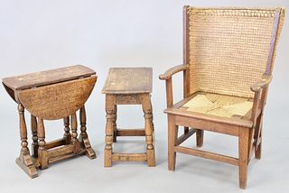 Three piece oak lot: diminutive oak drop leaf table; oak joint stool; oak child's armchair 33" h., Provenance: Former home of Mel Gibson, Old Mill Rd,