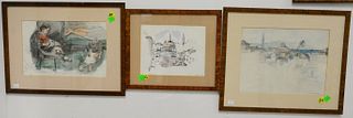 Five piece lot of art to include: Three Lambro Ahlas (B1928), watercolor and pencil, Orientalist seascape, two kids drawing and town edge, all signed 