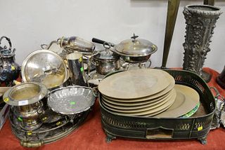 Large group of silver plate and metals, trays, vases, serving pieces, etc.