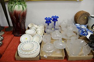 Six tray lots to include pattern glass: eighteen pieces of glass including pair of blue luster with glass prisms, 10 1/2" h.; glass items to include t