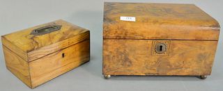 Two burlwood boxes, larger with interior tray, 6 1/4" h. x 11 3/4" w. x 8 1/2" d; smaller with top handle, 4" h. x 8" w. x 5 3/4" d.
