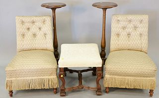 Five piece lot to include pair of silk upholstered slipper chairs, continental style walnut ottoman and two stands, 35" h.