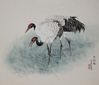Zhan Gengxi (B. 1941) "Black-Necked Cranes"