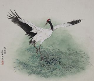 Zhan Gengxi (B. 1941) Black-Necked Crane Flapping