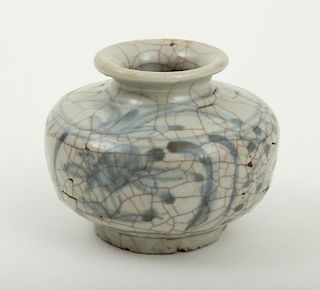 CHINESE BLUE AND WHITE CRACKLE-GLAZED LOW VASE