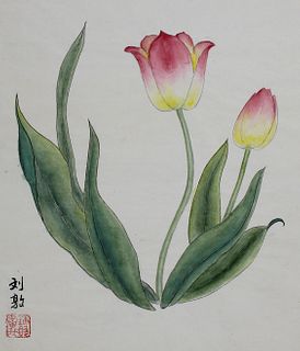 Liu Dun (B. 1953) "Red & Yellow Tulips"