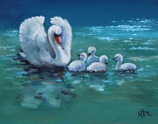 Wan Weisheng (B. 1932) "Mother Swan and Chicks"