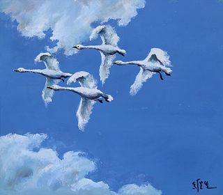 Wan Weisheng (B. 1932) "Four Whooper Swans Flight"