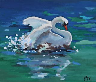 Wan Weisheng (B. 1932) "Swan Swimming in Pond"