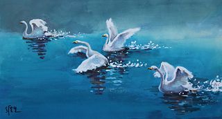 Wan Weisheng (B. 1932) "Four Swans Landing"