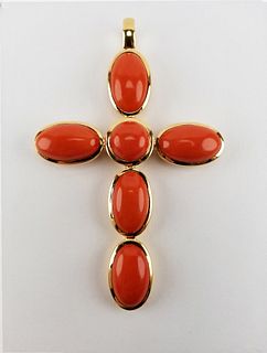 18K Gold & Cabochon Red Coral Cross Pendant