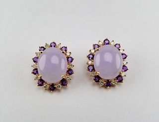 Lavender Jade, Amethyst & Diamond 14K Earrings