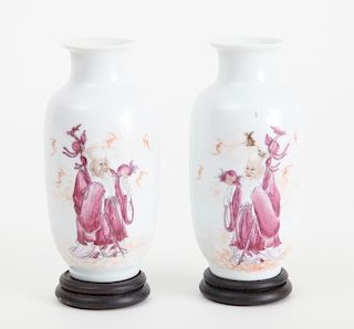 PAIR OF MODERN CHINESE FAMILLE ROSE SMALL PORCELAIN BALUSTER-FORM VASES