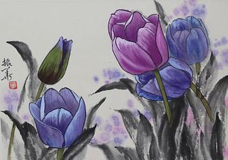 Zhenhua Wang (Chinese, 20th C.) "Purple Tulips"