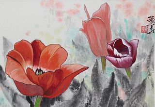 Zhenhua Wang (Chinese, 20th C.) "Red Tulips"