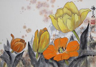 Zhenhua Wang (20th C.) "Yellow and Orange Tulips"