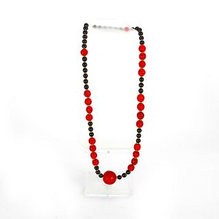 CHINESE CARVED CINNABAR BEAD NECKLACE