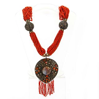 MONUMENTAL TIBETAN RED CORAL AND SILVER NECKLACE