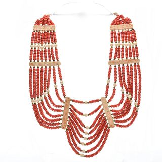 RED CORAL STYLE BEAD BIB STATEMENT NECKLACE