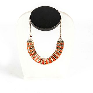 STERLING SILVER AND RED CORAL BIB NECKLACE