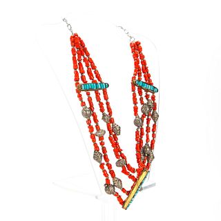 TIBETAN RED CORAL AND SILVER 4 STRAND NECKLACE