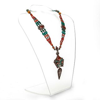TIBETAN SILVER, CORAL, TURQUOISE NECKLACE