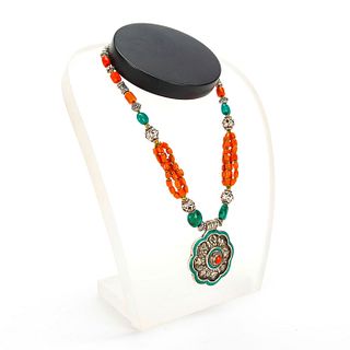 TIBETAN SILVER, TURQUOISE, AND CORAL NECKLACE