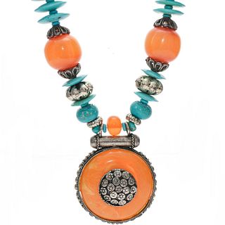 TIBETAN TURQUOISE, AMBER, SILVER NECKLACE