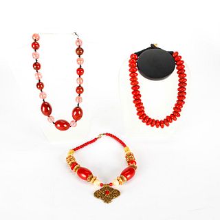 3 ASIAN LARGE RED BEAD NECKLACES
