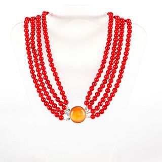 4 STRAND RED CORAL STYLE BEAD NECKLACE
