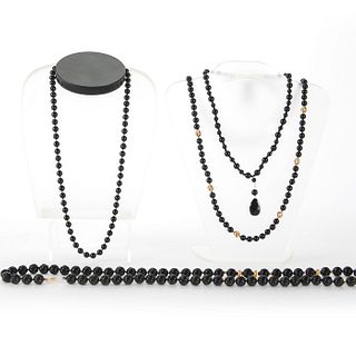 4 BLACK ONYX BEAD AND GOLD NECKLACES