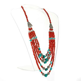 5 STRAND RED CORAL AND TURQUOISE NECKLACE