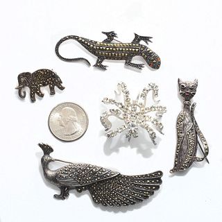 GROUP OF FIVE VINTAGE MARCASITE PENDANT BROOCH PINS